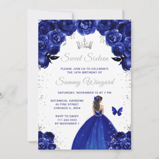 Invitation Bleu foncé Brunette Cheveux Princesse Sweet sixtee (Devant)
