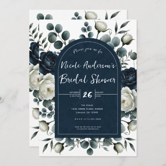 Invitation Bleu foncé et blanc Fête des mariées florale moder (Devant / Derrière)