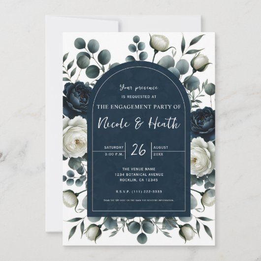 Invitation Bleu foncé et blanc Moderne Alliance florale (Devant)