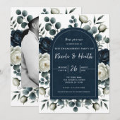 Invitation Bleu foncé et blanc Moderne Alliance florale (Devant / Derrière)