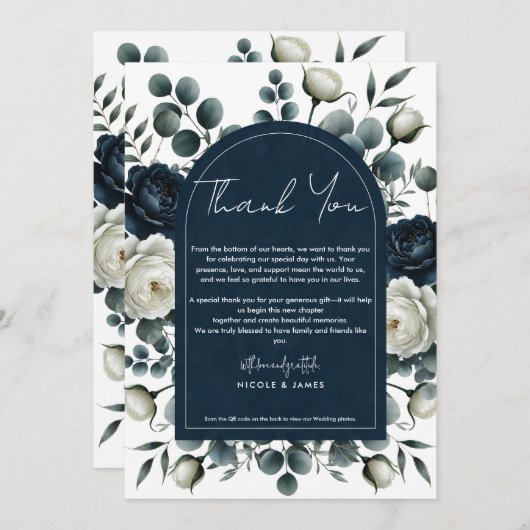 Invitation Bleu foncé et blanc Moderne Flore verdure Weddingu (Devant / Derrière)