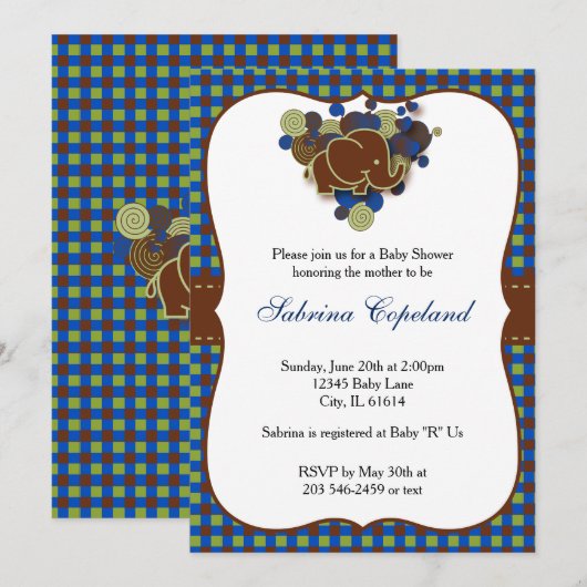 Invitation Bleu foncé et éléphant bébé Brown| Baby shower (Devant / Derrière)
