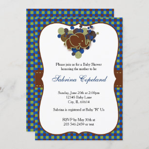 Invitation Bleu foncé et éléphant bébé Brown Baby shower