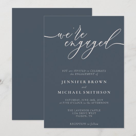 Invitation Bleu foncé et gris ivoire Nous sommes engagés (Devant / Derrière)