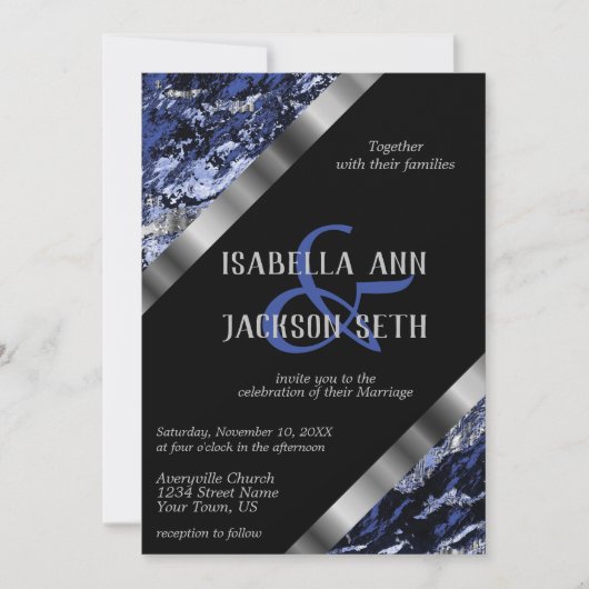Invitation Bleu foncé et marbre argenté (Devant)