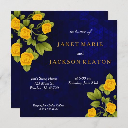 Invitation Bleu foncé et marigold Mariage de fleurs de rose j (Devant / Derrière)