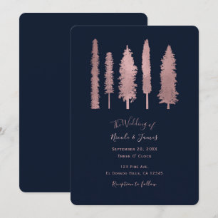 Invitation Bleu foncé et or rose forêt arbres mariage