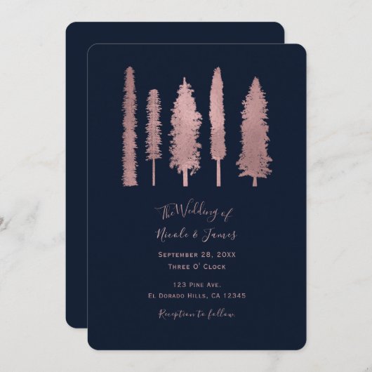 Invitation Bleu foncé et Rose Forêt d'or Mariage bois (Devant / Derrière)