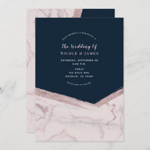 Invitation Bleu foncé et rose marbre Chic Mariage moderne