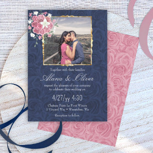 Invitation Bleu foncé et rose mauve, cadre doré pour mariage