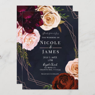 Invitation Bleu foncé et Rose or moderne Rustic Floral Mariag