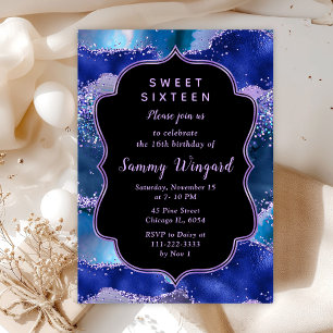 Invitation Bleu foncé et violet Sweet sixteen d'agate océaniq