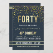 Invitation Bleu foncé | Gold Confetti 40e fête d'anniversaire (Devant / Derrière)