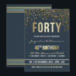 Invitation Bleu foncé | Gold Confetti 40e fête d'anniversaire<br><div class="desc">Bleu foncé | Gold Confetti 40th Birthday Party Invitations. Cette invitation formelle, élégante, branchée et moderne à la fête du quarantième anniversaire convient aux hommes ou aux femmes. Il comprend des lignes dorées propres, un script gothique coque supérieur élégant, et un texte sophistiqué en fausse feuille d'or sur un arrière...</div>