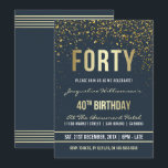 Invitation Bleu foncé | Gold Confetti 40e fête d'anniversaire<br><div class="desc">Bleu foncé | Gold Confetti 40th Birthday Party Invitations. Cette invitation formelle, élégante, branchée et moderne à la fête du quarantième anniversaire convient aux hommes ou aux femmes. Il comprend des lignes dorées propres, un script gothique coque supérieur élégant, et un texte sophistiqué en fausse feuille d'or sur un arrière...</div>