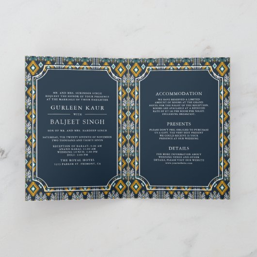 Invitation Bleu foncé Ikat jaune tout en un Mariage sikh (Intérieur)
