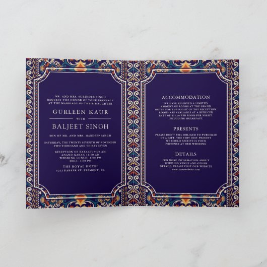 Invitation Bleu foncé Ikat jaune tout en un Mariage sikh (Intérieur)
