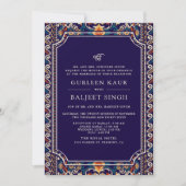 Invitation Bleu foncé Jaune Ikat Anand Karaj Sikh Mariage (Devant)