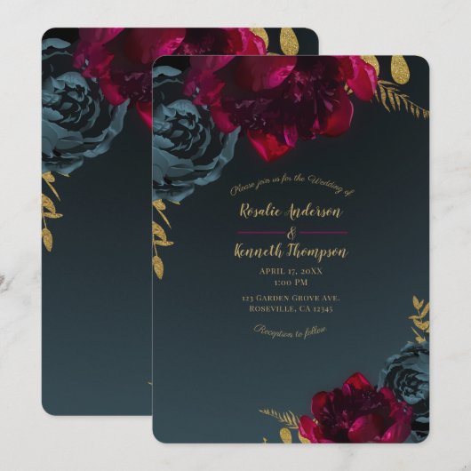 Invitation Bleu foncé Moody Floral Gold Mariage (Devant / Derrière)