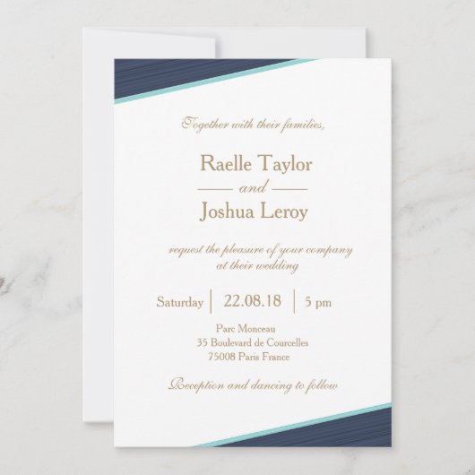 Invitation Bleu foncé or blanc gris gris subtil rayures maria (Devant)