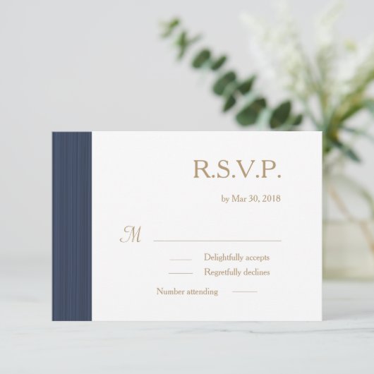 Invitation Bleu foncé or blanc subtil rayures mariage RSVP (Debout devant)