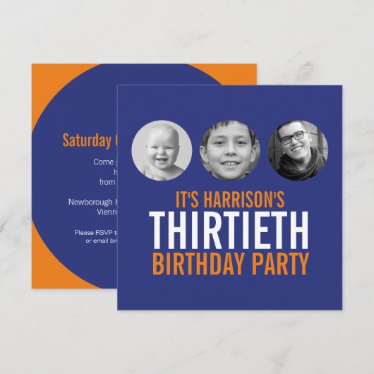Invitation Bleu foncé orange 30ème anniversaire photo (Devant / Derrière)