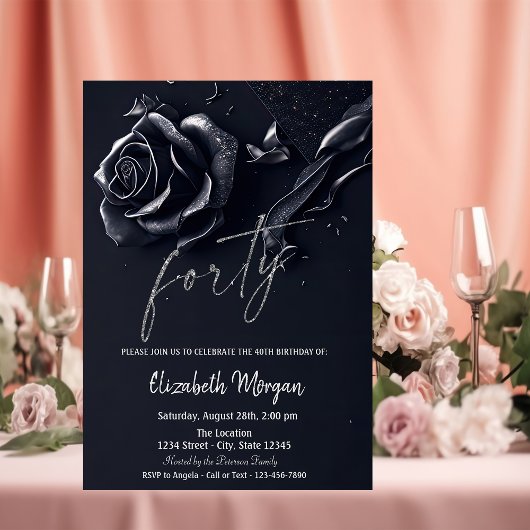 Invitation Bleu foncé Rose gothique 40e anniversaire