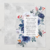Invitation Bleu foncé rose rouge Floral Mariage chrétien (Devant / Derrière)