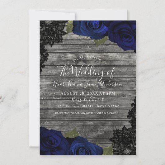 Invitation Bleu foncé Rose Rustique Bois noir Mariage dentell (Devant)