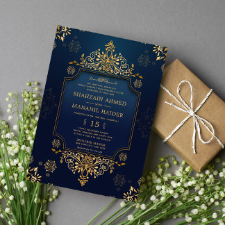 Invitation Bleu foncé royal or floral élégant mariage musulma