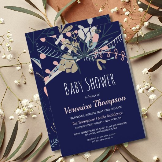 Invitation Bleu foncé rustique & Baby shower botanique pastel