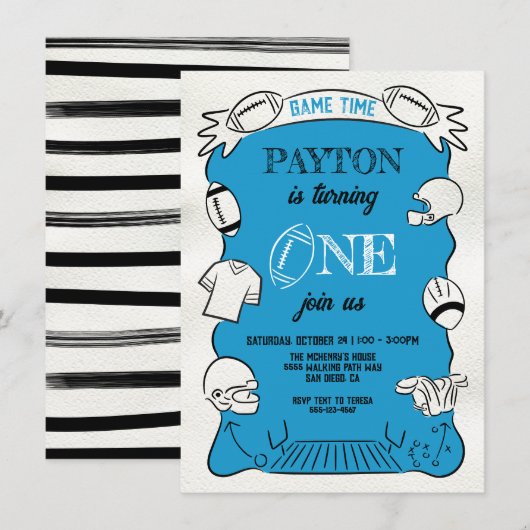 Invitation Bleu Football 1ère Main dessinée Anniversaire (Devant / Derrière)