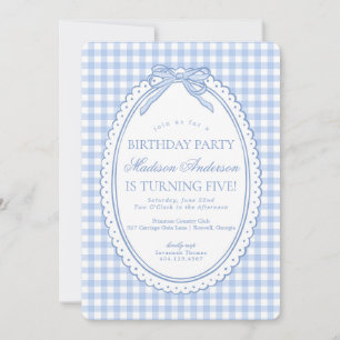 Invitation Bleu Gingham Coquette Noeud Papillon Fête d'annive