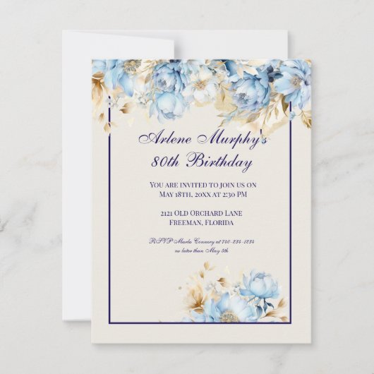 Invitation Bleu glacé et marine Floral Anniversaire (Devant)