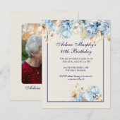 Invitation Bleu glacé et marine Floral Anniversaire (Devant / Derrière)