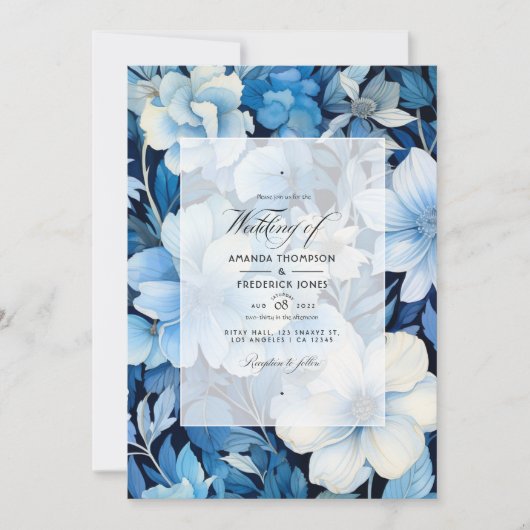 Invitation Bleu glacé, marine et Mariage floral blanc (Devant)