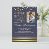 Invitation Bleu Gold Confetti Strike Photo Surprise Anniversa (Debout devant)