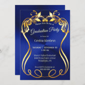 Invitation Bleu Gold Elegant Graduation (Devant / Derrière)