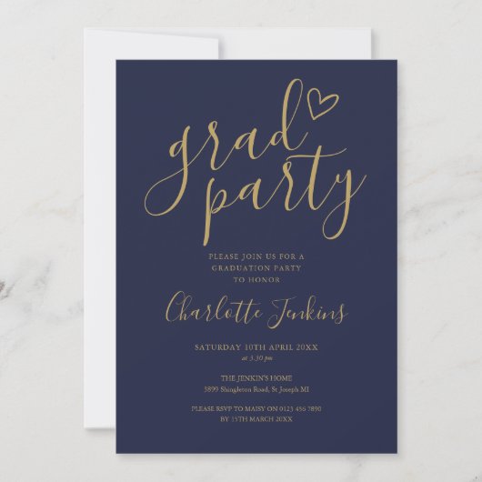 Invitation Bleu Gold Grad Party Script Coeur Graduation Party (Devant)
