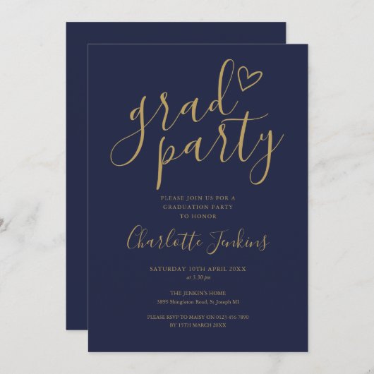 Invitation Bleu Gold Grad Party Script Coeur Graduation Party (Devant / Derrière)