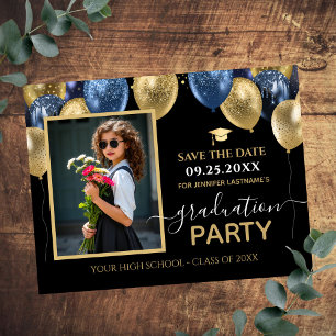 Invitation Bleu Gold Graduation Photo Enregistrer la date