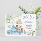 Invitation Bleu Gold Green Bois Wild Un 1er anniversaire (Debout devant)