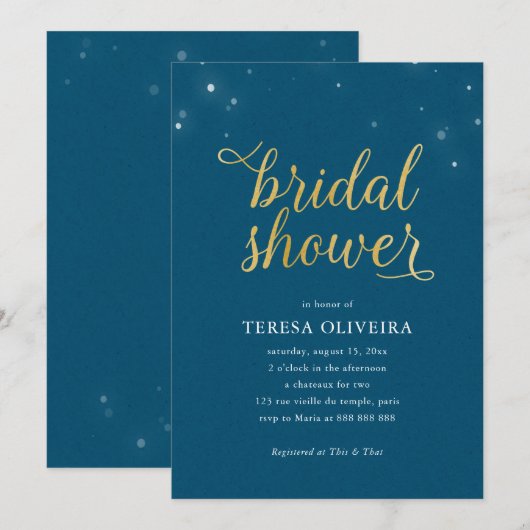 Invitation Bleu Gold Look Fête des mariées Lumières Simple Él (Devant / Derrière)