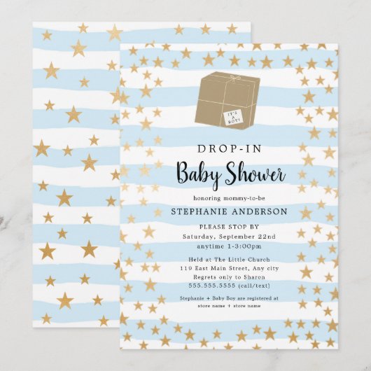 Invitation Bleu + Gold Star DROP-IN Baby shower garçon (Devant / Derrière)