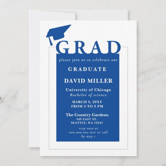 Invitation Bleu Grad Moderne Minimaliste Graduation (Devant)