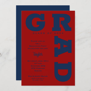 Invitation Bleu GRAD sur rouge foncé Graduation
