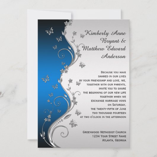 Invitation Bleu Gradient Argent Ornate Papillons Mariage (Devant)