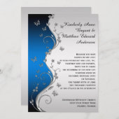Invitation Bleu Gradient Argent Ornate Papillons Mariage (Devant / Derrière)