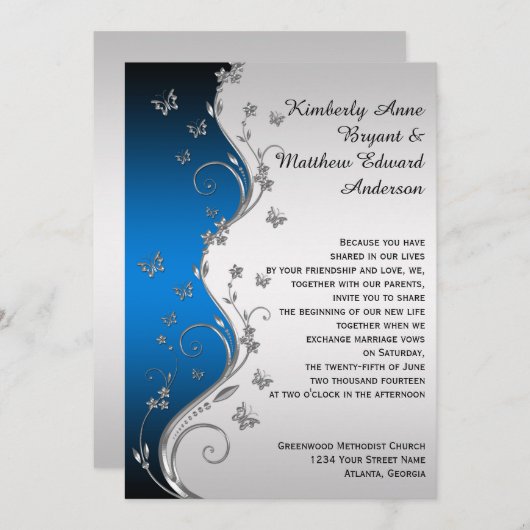Invitation Bleu Gradient Argent Ornate Papillons Mariage (Devant / Derrière)