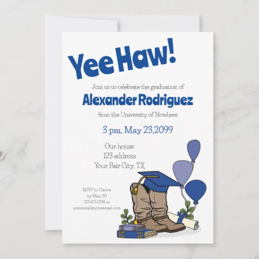 Invitation Bleu Graduation Cap Cowboy Boot Arrangement (Devant)